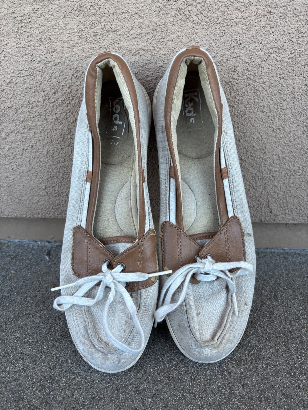 Keds Beige Canvas Moccasin Loafers with Brown Trim